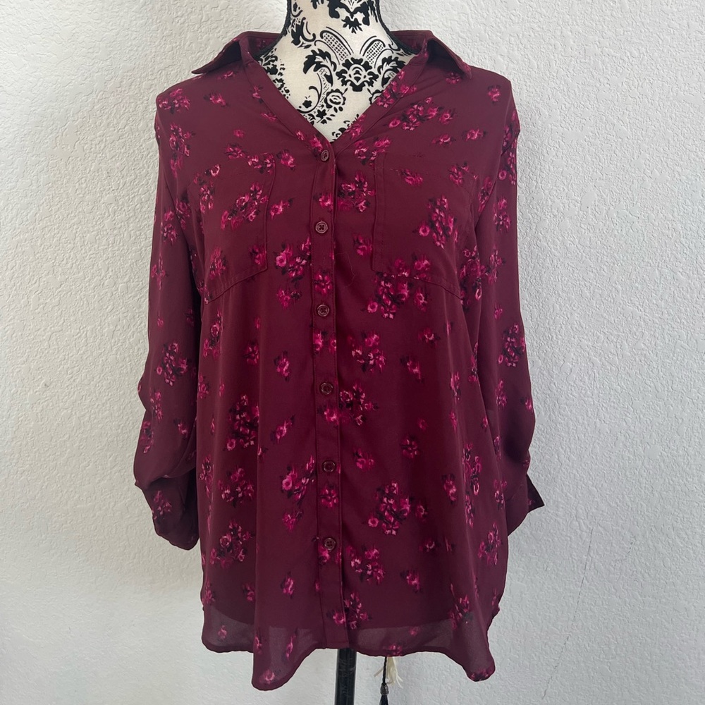Maurices Burgundy Floral Button Down Blouse Size M